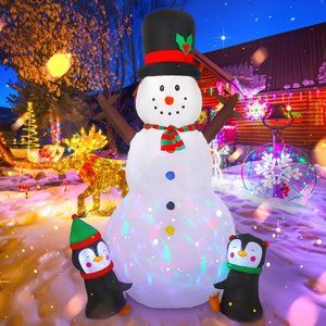 8FT Christmas Decorations Inflatable Snowman with Penguins & Colorful LED Lights